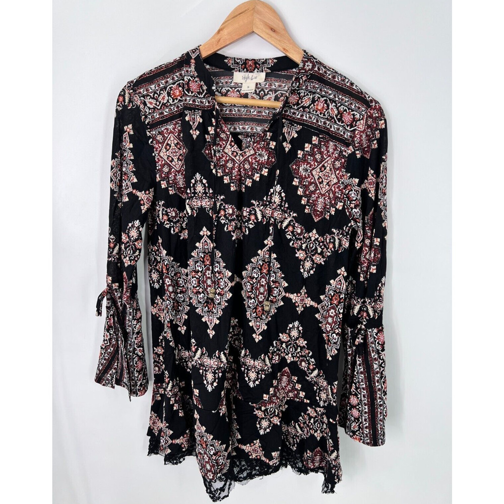 Style & Co Multicolor Blouse Lace Bell Sleeve Aztec Motif Shirt Women's Small